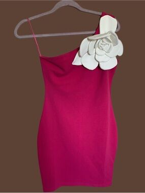 Fuchsia One-Shoulder Dress with Ivory Floral Accent